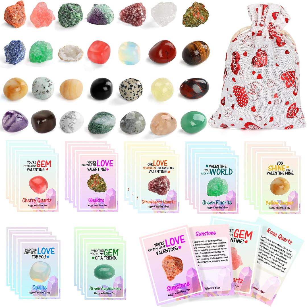 Valentine's Gifts for Kids: 28 Pack Cards with Natural Gemstone, Rock, Mineral Bulk for Classroom Party Favors