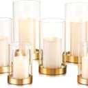 Hewory Hurricane Candle Holder for Pillar Candles: Gold Votive Candle Holders Set of 6, Glass Hurricane with Metal Candle Plate, Pillar Candle Holder for Table Centerpiece Wedding Holiday Home Decor