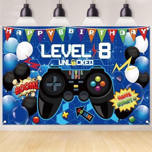 6x4 Ft 8th Video Game Backdrop, 8th Birthday Decorations for Boy Level Up Video Game Blue Gaming Background Photo Props Party Supplies for Boys (8th)