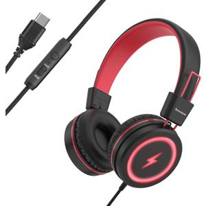 Kids Headphones with LED Lights for School, Upgrade USB Type C Kid Headphone with Microphone, Volume Limiter 85/94dB, Wired On Ear Headphones for Boys/Girls/Tablet/Travel - Black