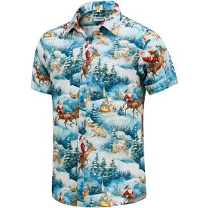 J&DHUASHA Christmas Hawaiian Shirt for Men Short Sleeve Button Down Santa Vacation Dress Shirts (Blue, XXXL)
