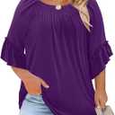 Micoson Womens Plus Size Tops 3/4 Ruffle Sleeve Shirts Crewneck Pleated Blouses Dressy Casual Fashion Tunic Top, 2XL