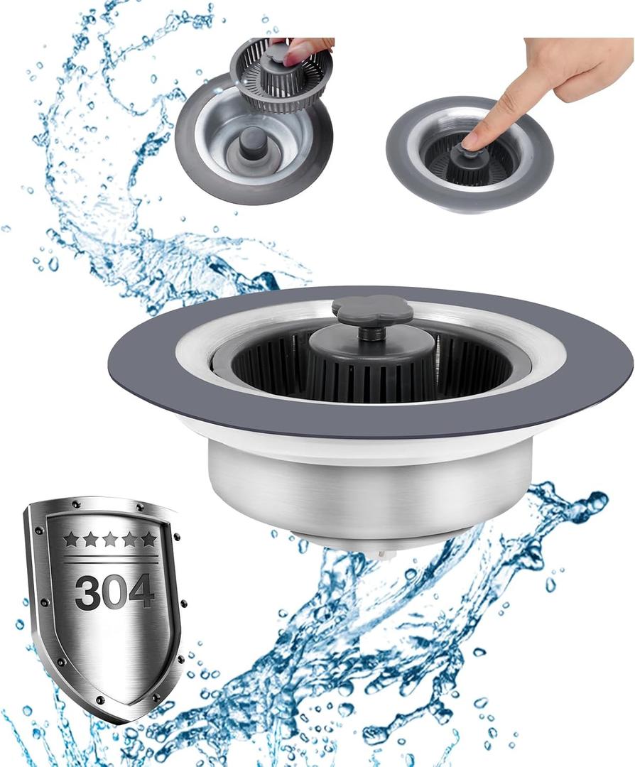 3 in 1 Kitchen Sink Drain Strainer and Stopper Kit,Stainless Steel Pop-up Kitchen Drain Stopper with Strainer Basket,Anti-Clogging Kitchen Sink Strainer for Standard 3-1/2 Inch Drain (Upgraded)