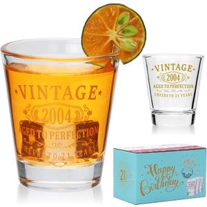 2 x Encheng Happy 21st Birthday Decorations Gifts for Him & Her - Vintage 2004 Gold Printed 1.6oz Shot Glasses with Heavy Base, Cheer to 21 Years Birthday Party Favor Gifts for Women, Men, 2 Pack