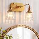 Bathroom Vanity Gold Light Fixture, 2 Lights Bathroom Lighting Matte Antique Brass Finish with Crystal Glass Shade, Gold Vintage Vanity Light for Bathrooms
