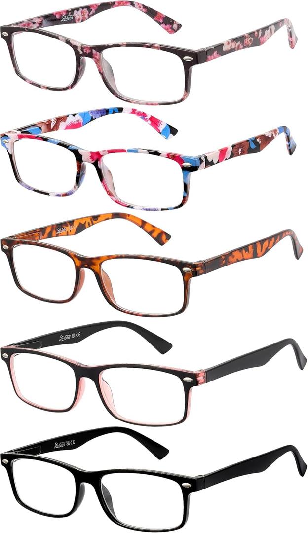 LADEESSE 5-Pack Reading Glasses for Women - Blue Light Blocking Readers for Computer Eye Strain Anti-Glare Men Womens Reader Eyeglasses/W Spring Hinge Bluelight Glass for Woman Eyes Protection(1.75)
