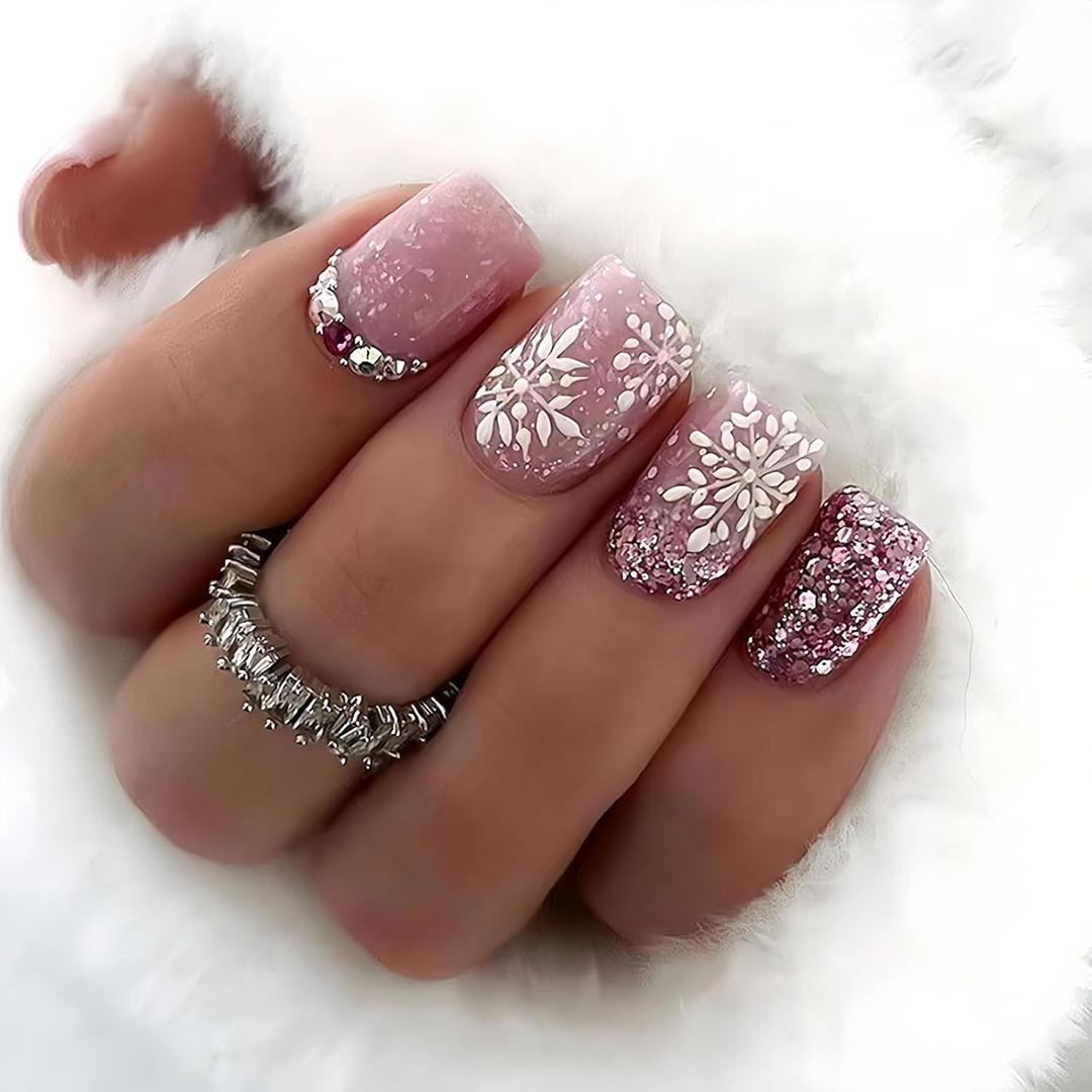 Snowflake Press On Nails Short Square, 24Pcs Elegant Snowflake Fake Nails 3D Snowflake Sparkling Pink Sequins With Rhinestones Designs Stick On Nails for New Years Nail Accessories