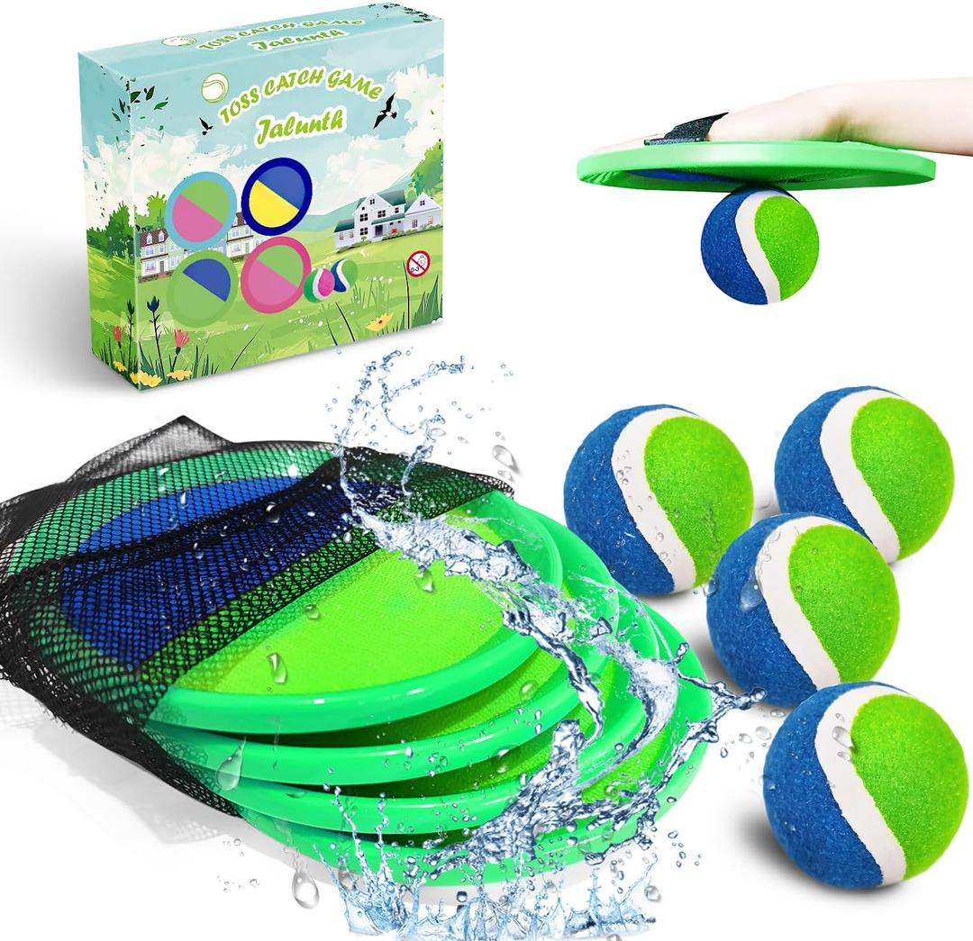 Jalunth Ball Catch Set Game Toss Paddle - Beach Toys Back Yard Outdoor Games Pool Lawn Backyard Throw Catch Sticky Set Age 3 4 5 6 7 8 9 10 11 12 Years Old Boys Girls Kids Adults Family Easter Gifts (Green 4 Pack)