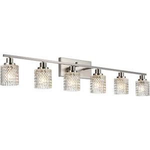 MELUCEE 6 Lights Bathroom Lighting Fixtures Over Mirror Brushed Nickel with Hammered Glass Shade, Vanity Light Indoor Wall Mounted Lamp for Bathroom Bedroom Kitchen