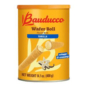 Bauducco Wafer Rolls, Vanilla, 14.1 oz (Pack of 1) - Crispy Cream-Filled Cookies - Gourmet Rolled Wafer Sticks - Premium Dessert Treat - Perfect for Coffee, Parties & Gift Baskets - Family Sharing Snack, Best By: 02/10/2027