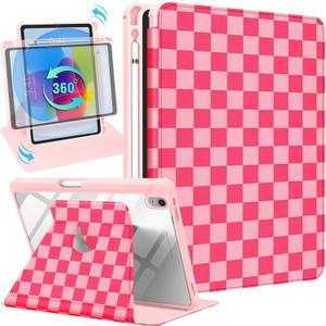 for iPad A16 Case - for iPad 10th Generation Case 10.9 Inch Women Girls Cute Girly Teens Kids Pretty Checkered Unique Aesthetic Rotating Stand Folio Tablet Cover for Apple 10/11 2025 (HotPink Plaid)