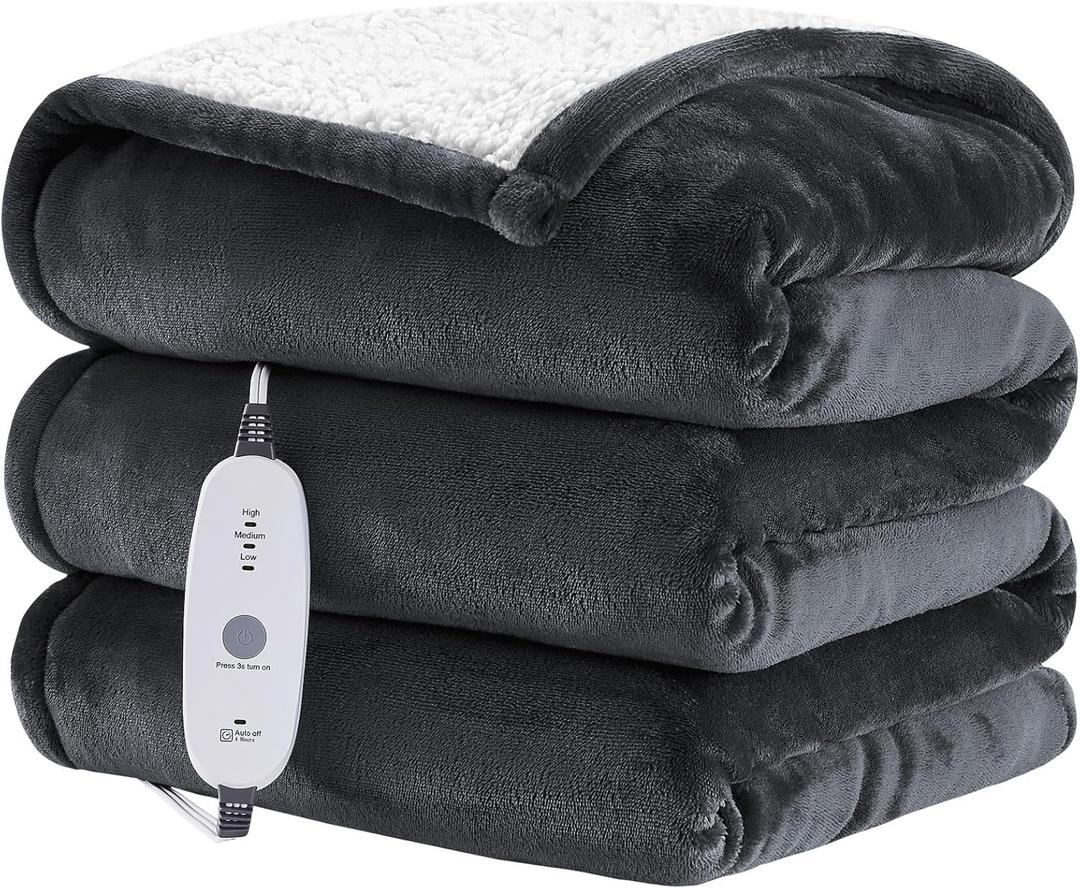 HYLEORY Heated Throw Blanket, Flannel Electric Blanket with 4 Hrs Timer, Auto-Off & 3 Heating Levels, Sherpa, Dark Grey, 62"x84"