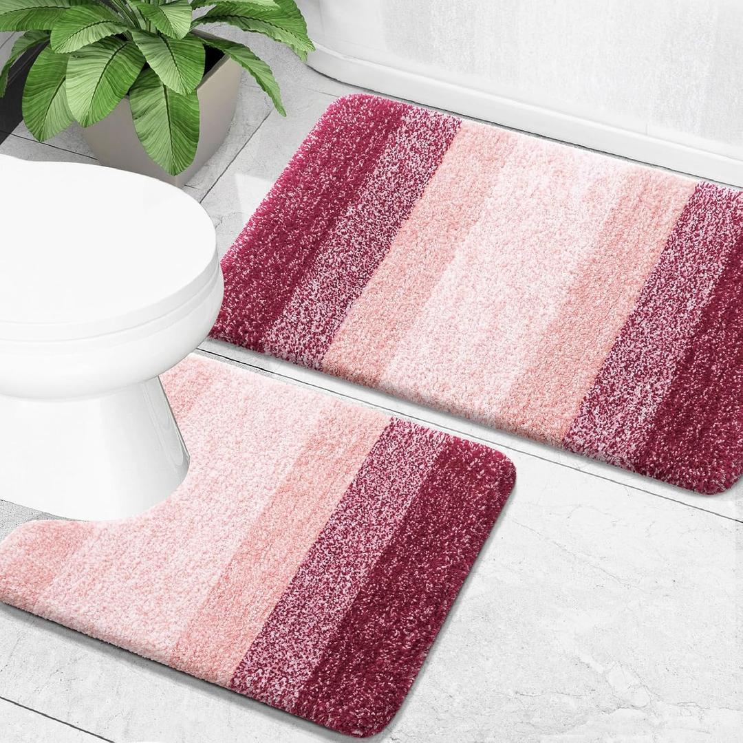 OLANLY Bathroom Rug Set 2 Piece, Soft Absorbent Microfiber Bath Mats and U-Shaped Contour Toilet Rug, Non-Slip, Machine Wash Dry, Plush Shaggy Bath Mats for Bathroom (30"x20"+24"x20", Red)