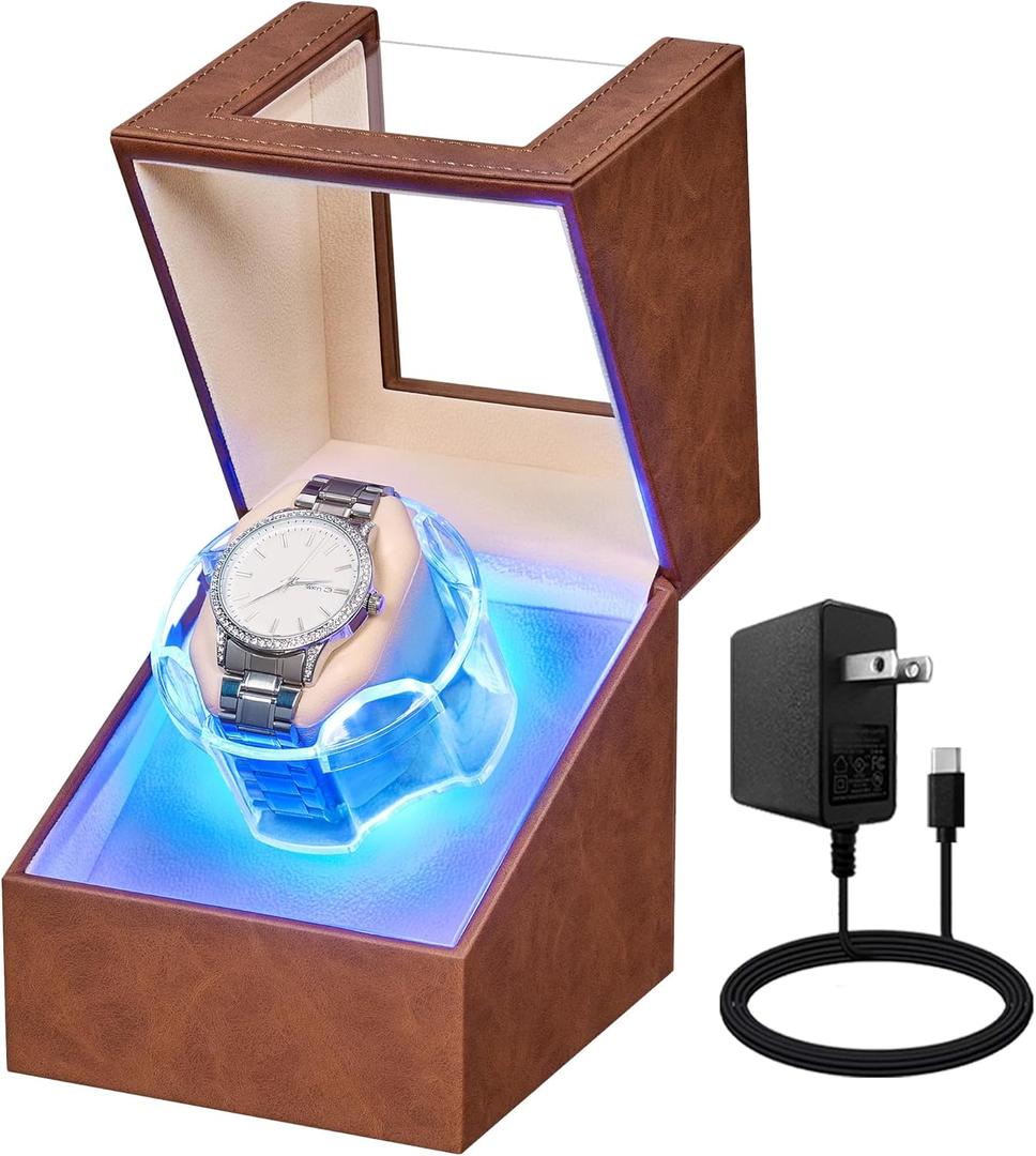 ANWBROAD Watch Winder for Automatic Watches, Quiet Motor Flexible Watch Pillows, 4 Modes Automatic Watch Winder box, Rotating Watch Case with Battery or Type-C Adapter Brown UJWW006Z