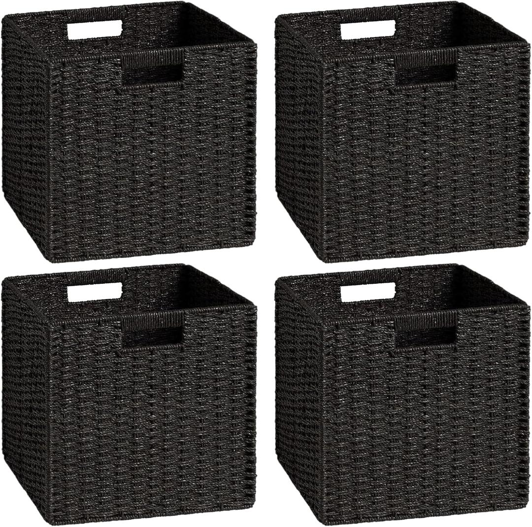 UBBCARE 4 Pack Wicker Basket, 11L11H10.5W inch Woven Paper Rope Storage Baskets for shelves, Foldable Cube Storage bin with Handle, Storage Basket for Organizing & Decor, Black (4pack, Black)