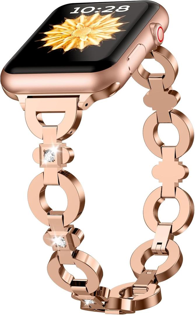 TAURI Metal Band for Apple Watch Bands 38/40/41/42mm, Adjustable Bling Diamonds Strap Fashion Cute Chain Thin Bracelet for iWatch SE 3/2, Series 9/8/7/6/5/4/3/2/1, Women- Rose Gold