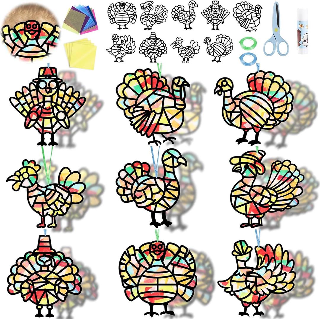FunCharm 36 Sets Fall Turkey Suncatcher Craft Kit for Kids,Thanksgiving Window Arts and Crafts DIY Paper Kit Tissue Paper Stained Glass Oenaments for Sunday School Classroom Holiday Ages 4 8 12