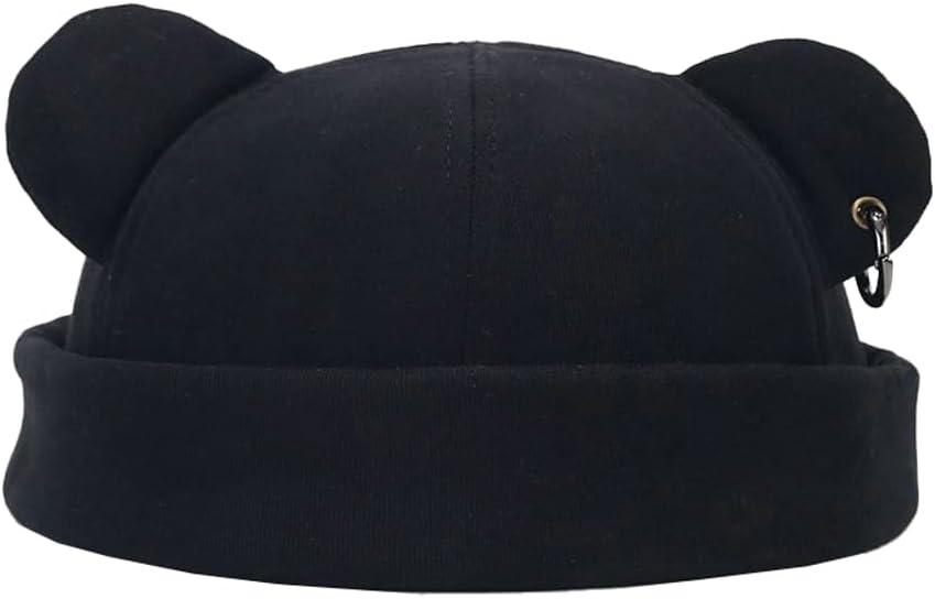 Fall Winter Beanie Hats for Women Men Bear Ear Skull Cap Brimless Cap Adjustable Docker Cap (Black)