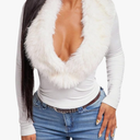 SweatyRocks Women's Faux Fur Deep V Neck Crop T Shirts Casual Long Sleeve Fitted Going Out Tees, L