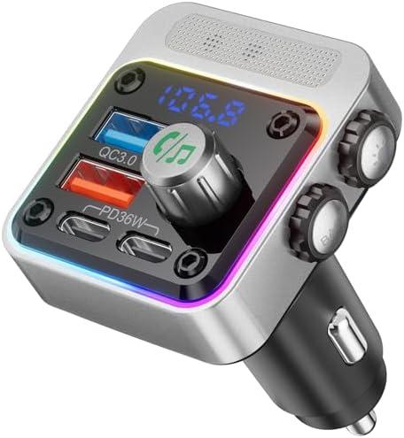 Nulaxy 54W Bluetooth 5.3 Car Adapter with 4 Charging Ports [PD 36W & QC3.0 18W], Wireless Radio FM Transmitter with Deep Bass Player & 5 Colors LED Backlit, Hands-Free Calling - Silver