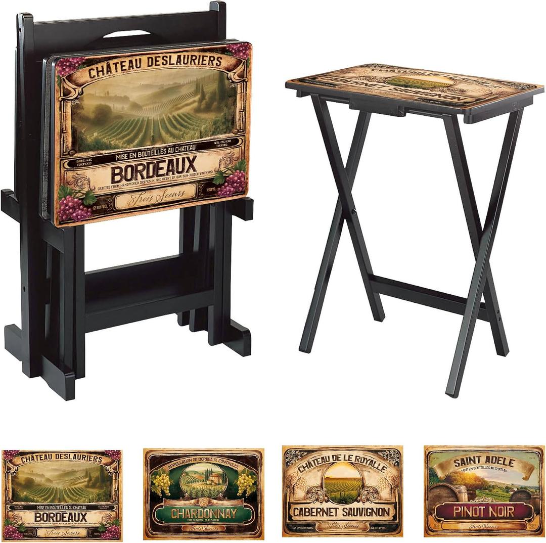 Cape Craftsmen Wine Label Classic TV Trays Table | Set of 4 | Rectangular Folding Couch Trays | Easy Storage Decorative Portabe Serving Tables for Home Activities (Wine Label)