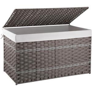 OIAHOMY Storage Basket with Lid, 42.3 Gallon (160L) Blanket Basket with Removable Liner Bag, Synthetic Wicker Hamper with Handle, Foldable, Hamper for Living Room, Grey