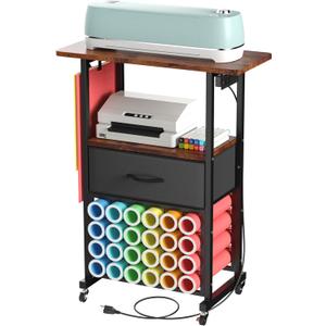 Rolling Craft Cart with Charging Station & Fabric Drawer, 24 Vinyl Roll Holders, Compatible with Cricut Maker, Cricut Organization for Craft Room, Blue Metal Frame, Vintage