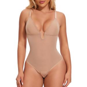 JOYSHAPER Backless Shapewear Tummy Control Body Shaper U Plunge Bodysuits Thong Shapewear Low Back Sexy Bodysuits, Medium 