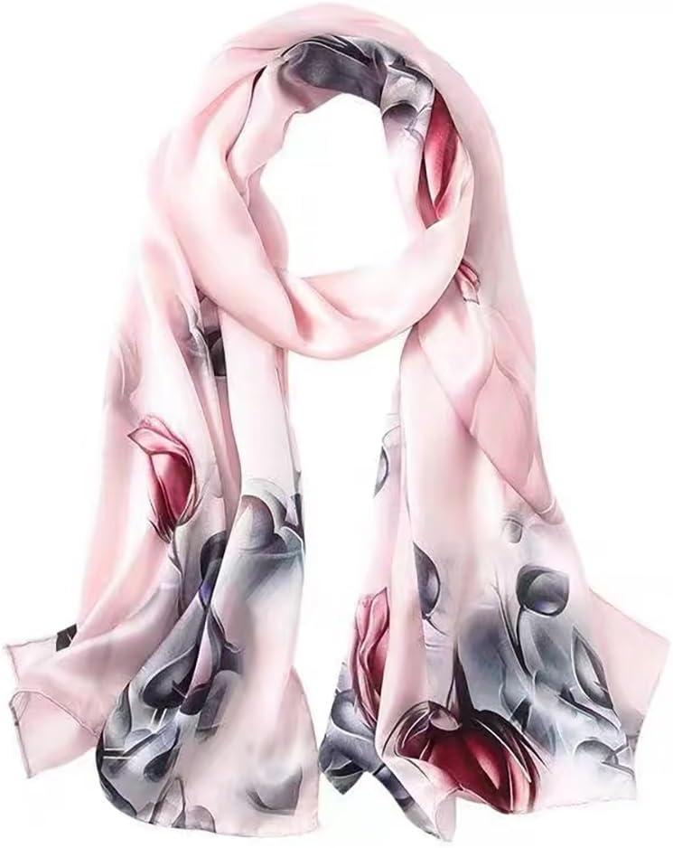 MEISEE 100% Mulberry Silk Long Scarf for Women Large Oblong Sunscreen Shawls Wraps Neck Headscarf Hair Wraps Gift Packed (Pink Gray Flowers)