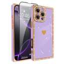 PERRKLD for iPhone 16 Pro Case Cute Love Heart Plating for Women, with Screen Protector, Glitter Sparkle Rhinestone Diamond Border Design Slim Rectangle Wireless Protection Case Cover, Pink