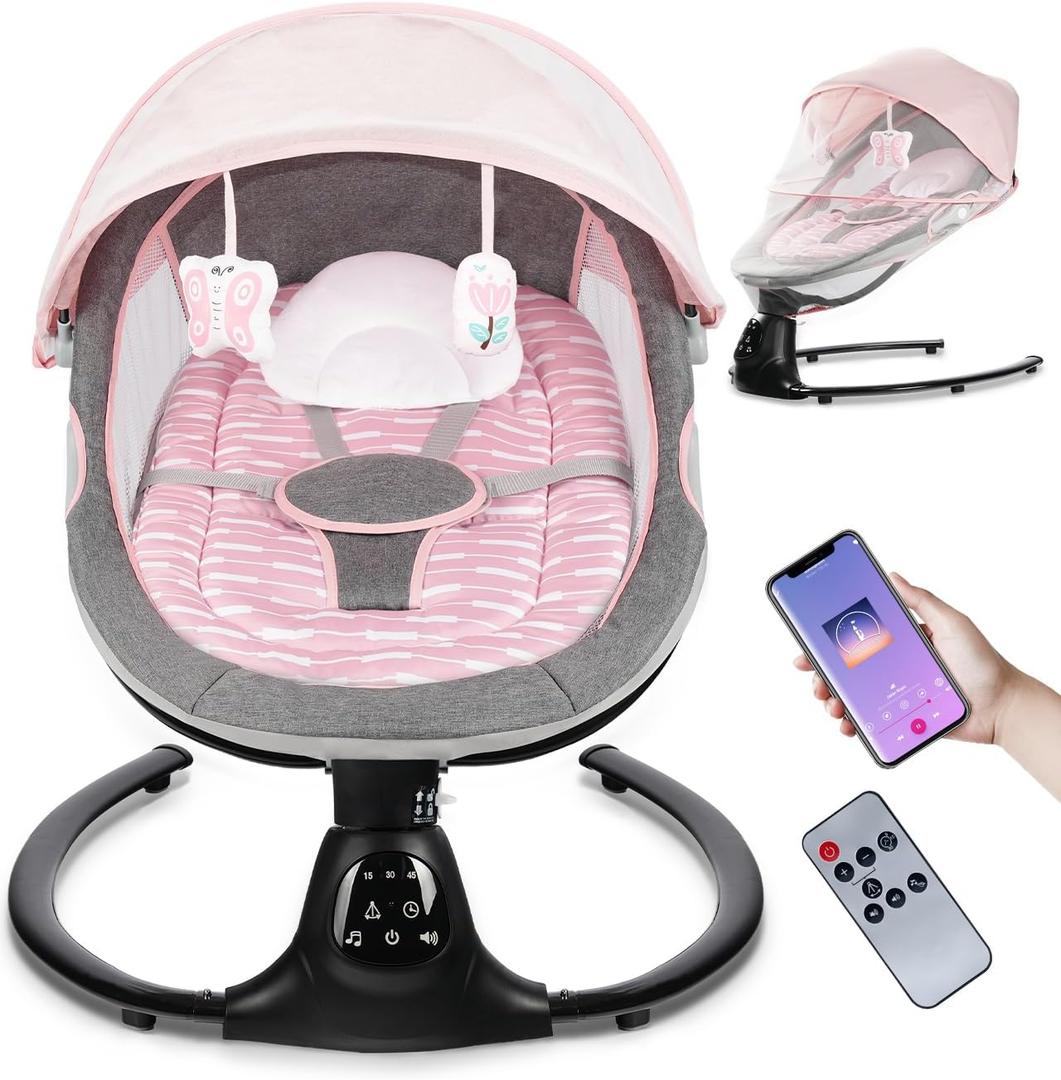 Baby Swing for Infants, 0-9 Months Baby Swing Support Music Playback, 5 Sway Speed, Electric Swing for Baby with Remote Control, Indoor & Outdoor Use (Pink)