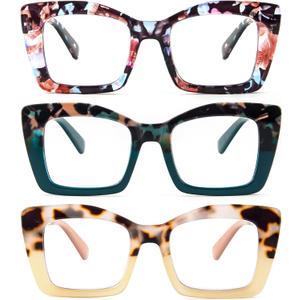 REAVEE Oversized Square Reading Glasses for Women, Blue Light Blocking Large Frame Computer Readers Spring Hinge, 1.75 x