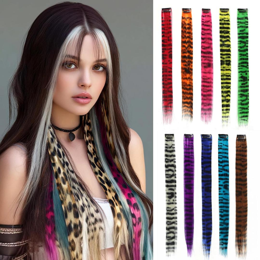 10pcs/pack Scene Hair Extensions Synthetic Clip in Leopard print Hair piece 18inch Long Straight Colorful striped Hairpieces Halloween Party Cosplay Y2K Use for Women Girls (Multicolor)