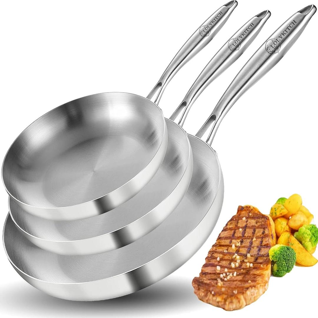 LOLYKITCH 8-10-12 Inch Tri-Ply Stainless Steel Frying Pan Set of 3,Chef's Pans, Skillets, Induction Cookware, Pots and Pans Set, Dishwasher and Oven Safe.