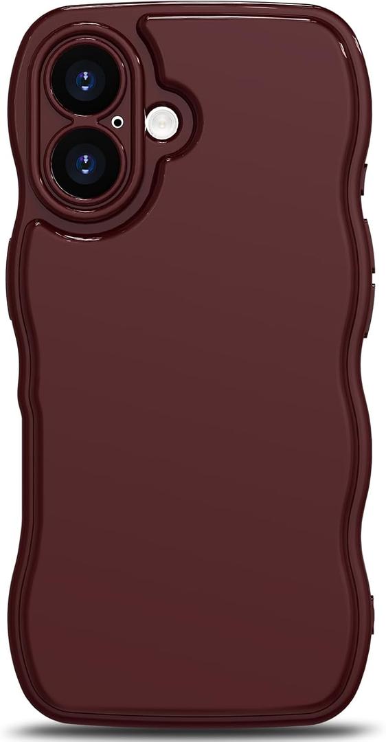 Anuck for iPhone 16 Plus Case Wave, Curly Frame Design for Women Girls, Cute Wavy Solid Color Aesthetic Phone Case Soft Flexible TPU Shockproof Full-Body Protective Cover 6.7" - Wine Red
