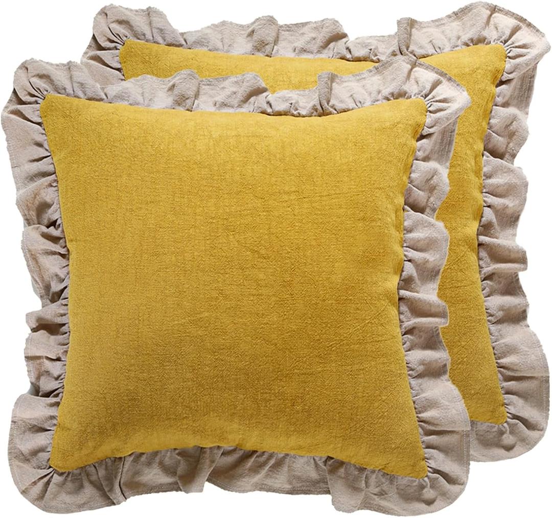 patdrea Shabby Chic Yellow Decorative Throw Pillow Covers 18x18 Set of 2,Farmhouse Linen Pillow Covers with Ruffles,Square Sturdy Throw Pillow Case for Couch Sofa Bed Living Room
