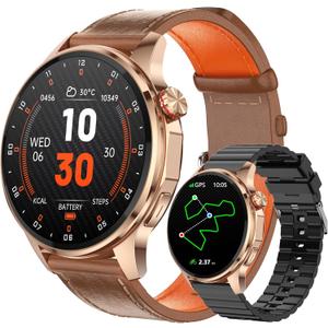 Smart Watch for Men Built-in GPS(Answer/Make Call/Text), 1.46" AI Smartwatch for Android Phones/iPhone, 100+ Sport Mode Fitness Tracker with Health/Sleep Monitor, Compass/Barometer/Altitude(2 Straps) (Gold)