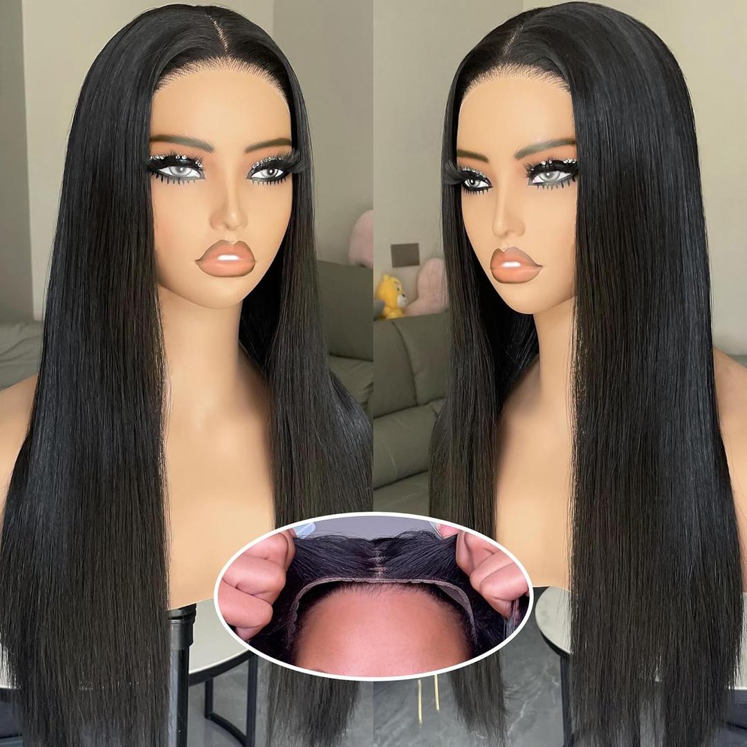 BLL Synthetic Lace Front Glueless Wig, Pre Plucked Pre Cut 6x4.5 Lace Easy to Wear Put on and Go 1B Black Long Straight Wigs for Black Women Beginner Friendly (26)