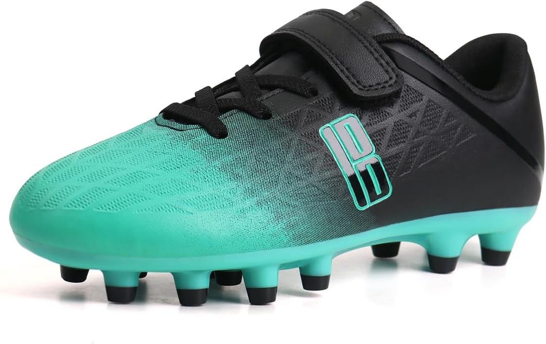 brooman Kids Firm Ground Soccer Cleats Boys Girls Athletic Outdoor Football Shoes (4 Big Kid, Black/Green)