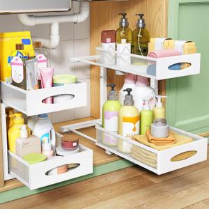 Under Sink Organizer, 2 Tier Pull out Cabinet Organizer Baskets with Mesh Sliding Drawers, Slide out Storage Shelf for Home, Kitchen, Bathroom, Pantry, Office Cabinet,(1 Pack, White)