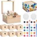 Chunful 6 Set Unfinished Wood Boxes with Hinged Glass Lid 4.72 x 4.72 x 3.15 Inch Small Wooden Treasure Chest Box for Craft 6 Acrylic Paint, 12 Brush, 6 Palette for DIY Storage Jewelry Keepsake Gifts