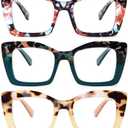 REAVEE 3 Pack Oversized Square Reading Glasses Oprah Style for Women, Blue Light Blocking Large Frame Computer Designer Fashion Readers with Spring Hinge (Flower/Blue/Green,1.25)
