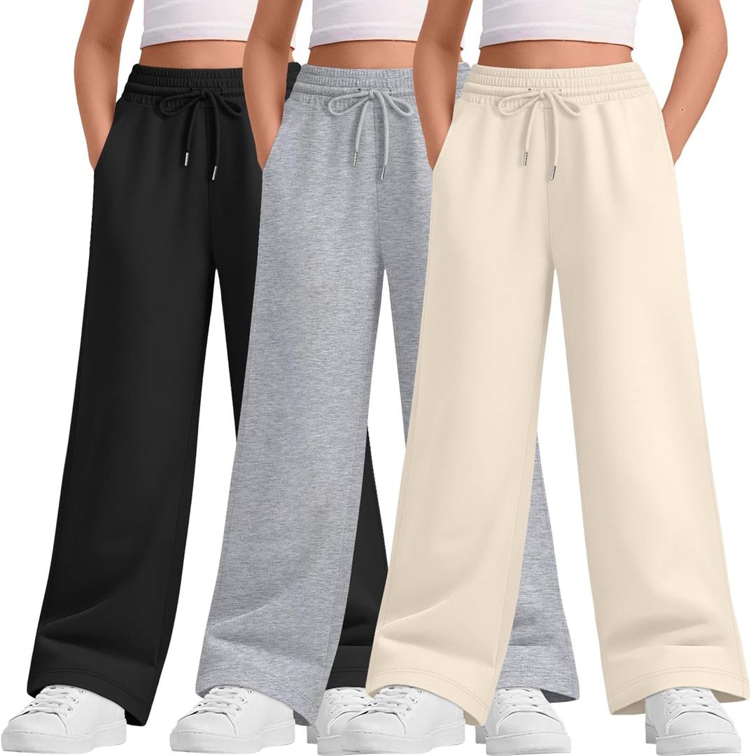 3 Packs Teen Girls Sweatpants Wide Leg Drawstring Baggy Pants Straight Leg Athletic Trousers with Pockets Size 5-14 (11-12 Years, Beige Apricot, Light Heather Gray, Black)