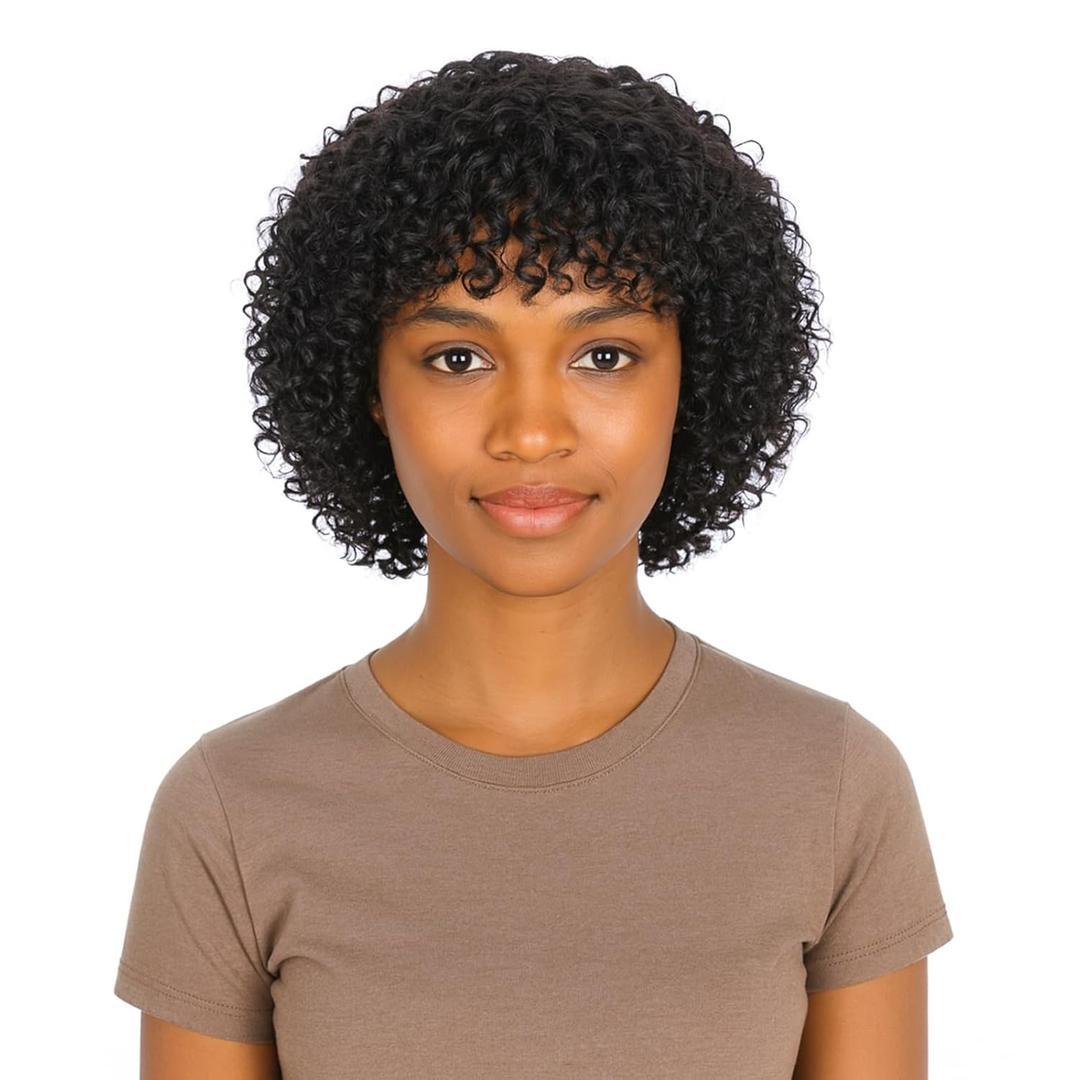Curly Human Hair Wig with Bangs, Glueless Short Wigs for Black Women, Natural Black Bob Wig Human Hair Machine Made 1B