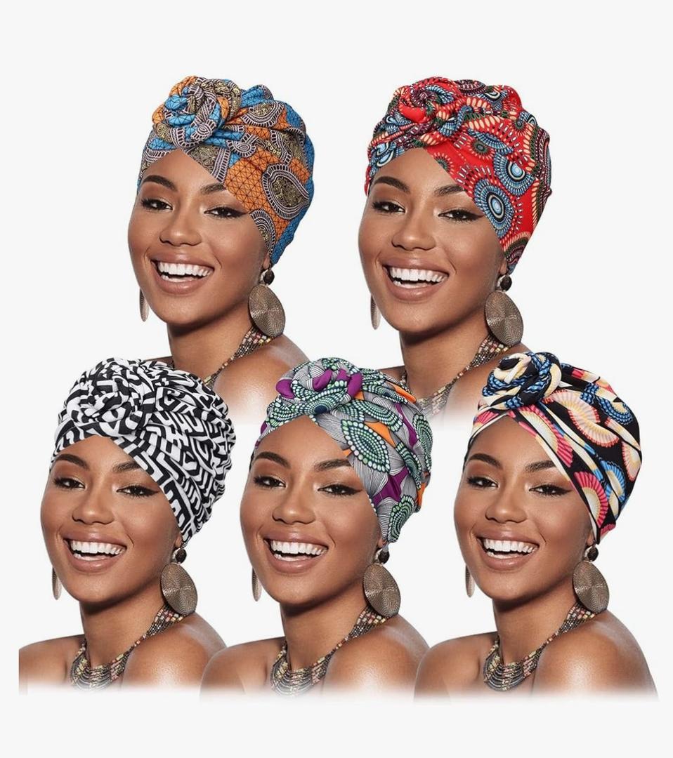 DRESHOW 5 Pack Knotted Headwraps for Women African Turban Pre-Knotted Beanie Headwraps Hair Covers