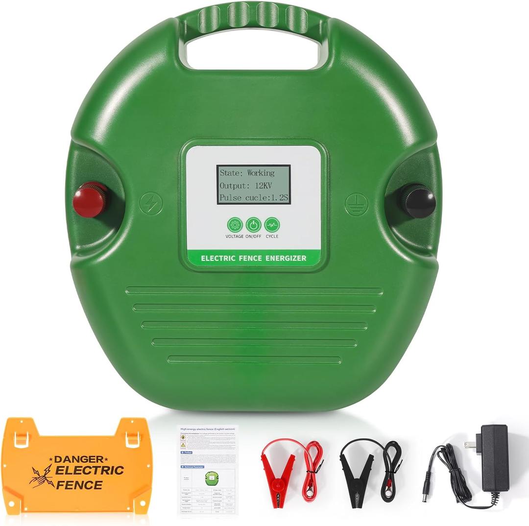 Electric Fence Charger for Livestock  15-Joule Electric Fence Energizer Adjustable 8/10/12kV Output, Weatherproof Fence Charger, Covers 600 Acres