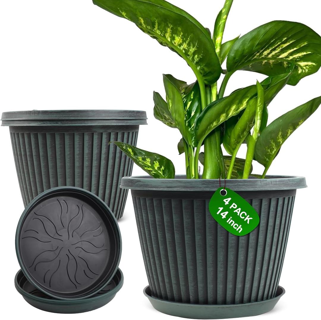 Large-Planter-Indoor-Outdoor Plant Pots, 14 inch 4 Pack Plastic Flower Pots with Saucer And Drainage Holes, Modern Garden Planters For Planting Medium Large Plants Decorative Resin Garden Pots (Blue Green)