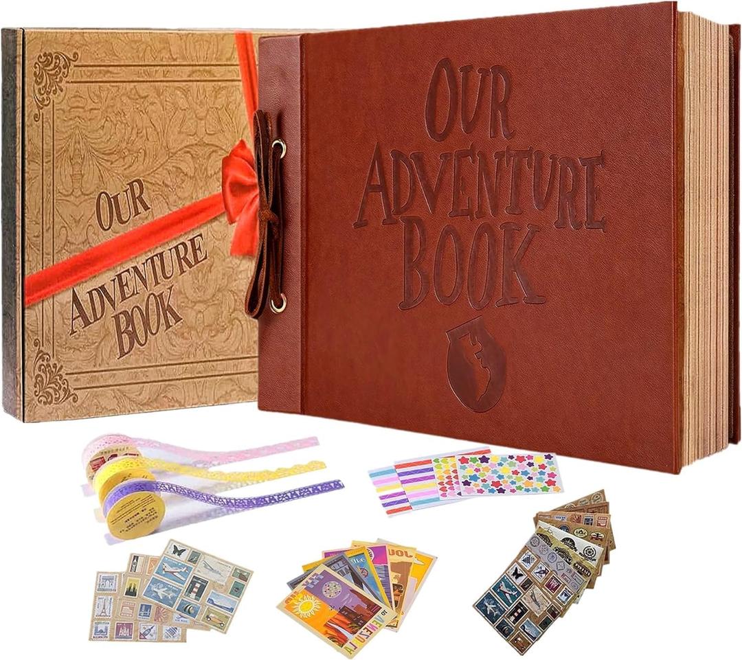 Adventure Book Handcrafted 11.92 x 7.62" Leather-Bound Scrapbook with 80 Pages, Embossed Lettering, Inspired by 'Up', Ideal for Photos, Weddings&Travel Memories Gift Box Included (Leather Scrapbook)