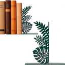 Green Leaf Metal Bookends, Cute Unique Botanical Plant Decorative Book Ends for Bookshelf Office Living Room Reading Room Kitchen Guest Room, Nature Tropical Jungle Hawaii Home Decor