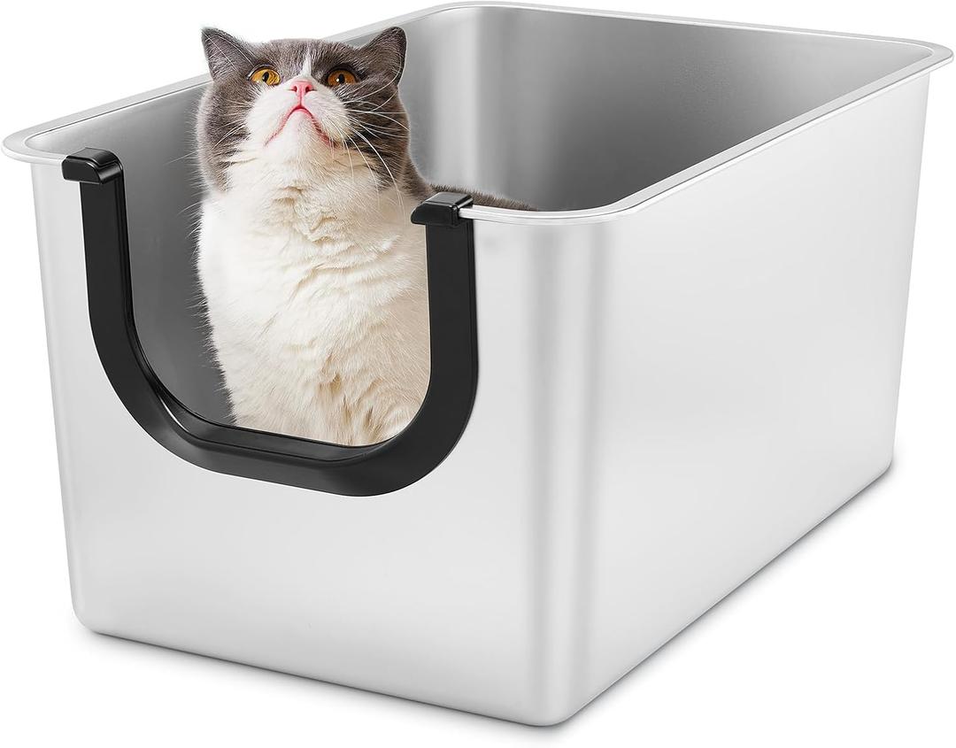 Yangbaga Extra Large Stainless Steel Litter Box, Leak Proof 12 Inches High Sides for Urine & Litter Trapping, Corner Litter Box for Kittens, Older Cats, Non-Stick, Non-Slip, No Sharp Edges